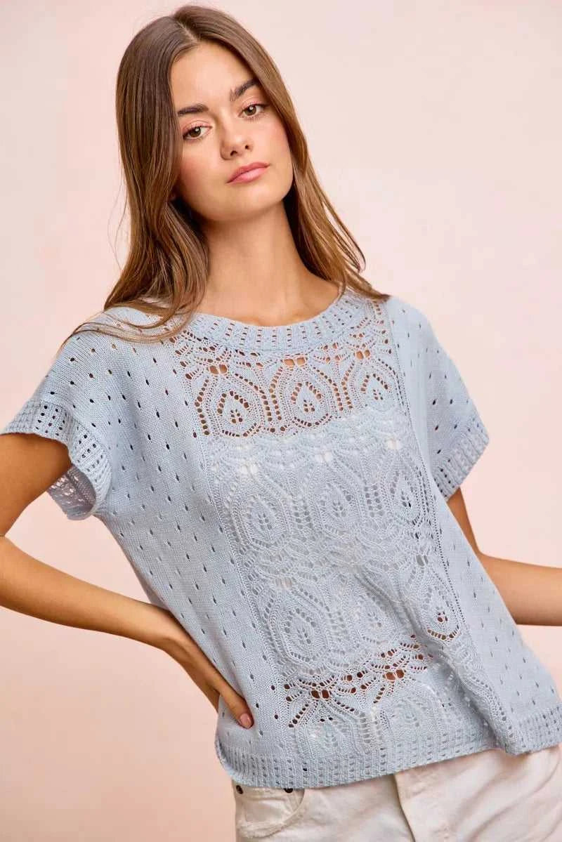 BiBi Washed Eyelet Short Sleeve Breathable Knit Top 100100212911752 43 Affordable Fashion Under $100 Jerry's Apparel 