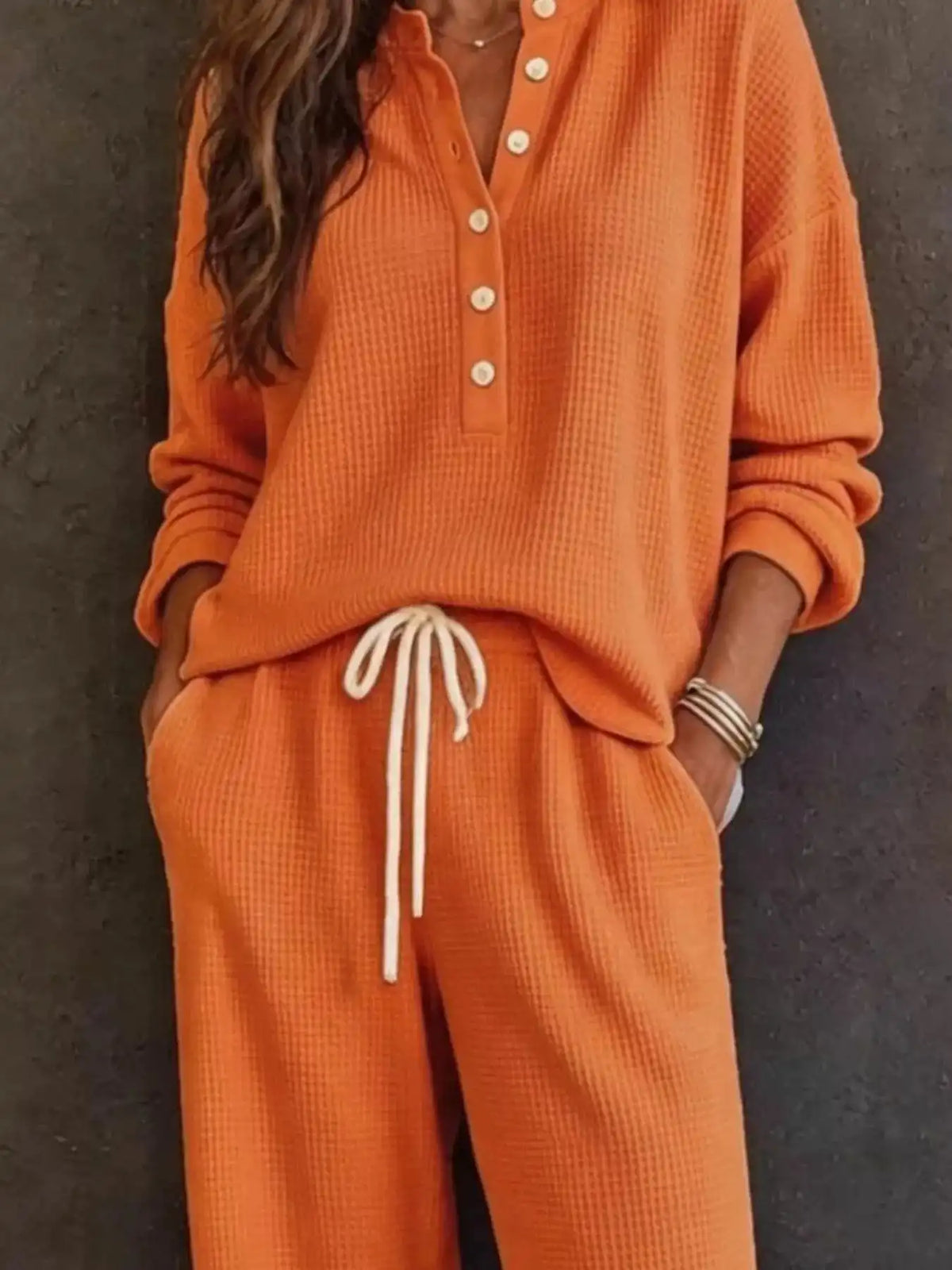 Waffle Knit Button Detail Top and Pants Set 101001629020741 57 Gifts for Her Jerry's Apparel 