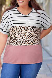 Plus Size Striped Leopard Round Neck Half Sleeve T-Shirt