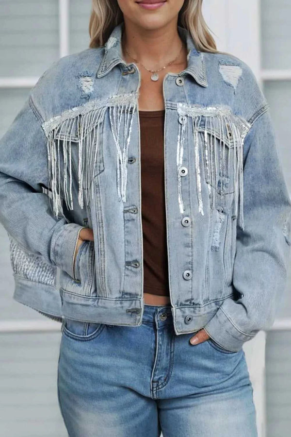 Sequin Fringe Trim Distressed Button Up Denim Jacket 100100307792425 101 Birthday Outfit Ideas Jerry's Apparel 