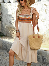Tie Shoulder Square Neck Tiered Midi Dress