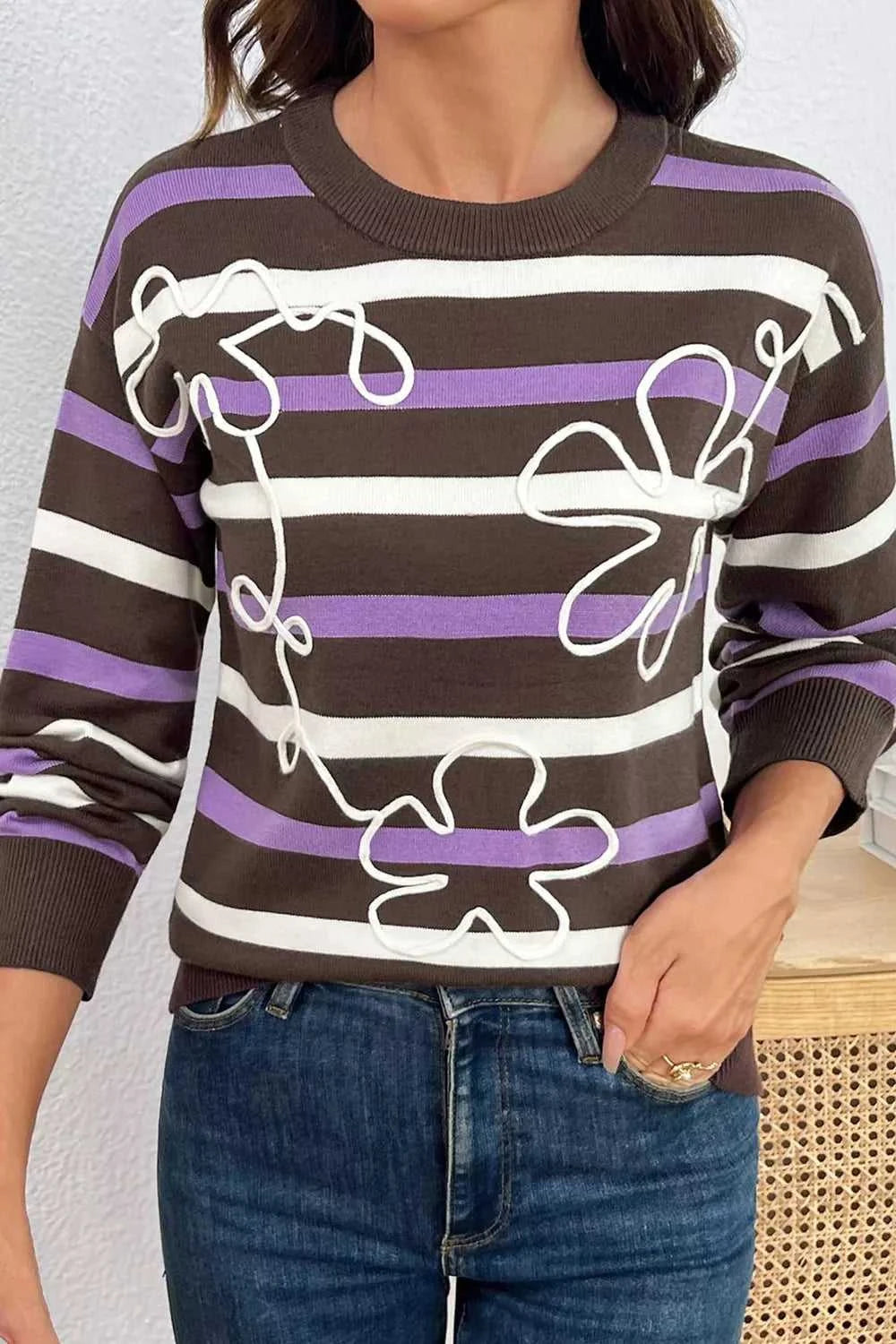 Stripe Embroidered Detail Drop Shoulder Sweater 101002226541726 55 Affordable Fashion Under $100 Jerry's Apparel 