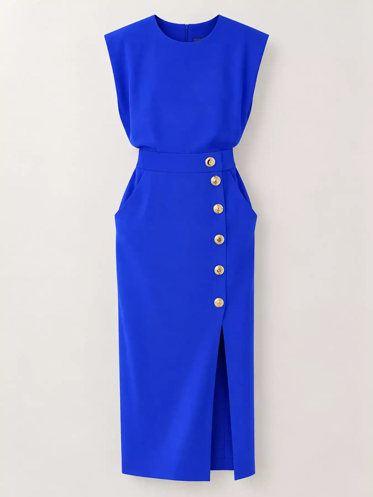 Sleeveless Midi Dress with Gold Button Detail and Side Slit 101001590890082 42 Affordable Fashion Under $100 Jerry's Apparel 