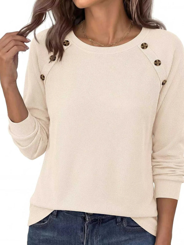 Decorative Button Waffle Knit Long Sleeve T-Shirt 101001761177088 47 Affordable Fashion Under $100 Jerry's Apparel 