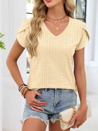 Eyelet Petal Sleeve V-Neck T-Shirt 100100180821182 24 Affordable Fashion Under $100 Jerry's Apparel 