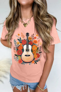 Guitar Flower Print Crew Neck Loose T Shirt