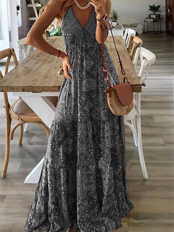 Full Size Printed V-Neck Maxi Cami Dress Plus Size