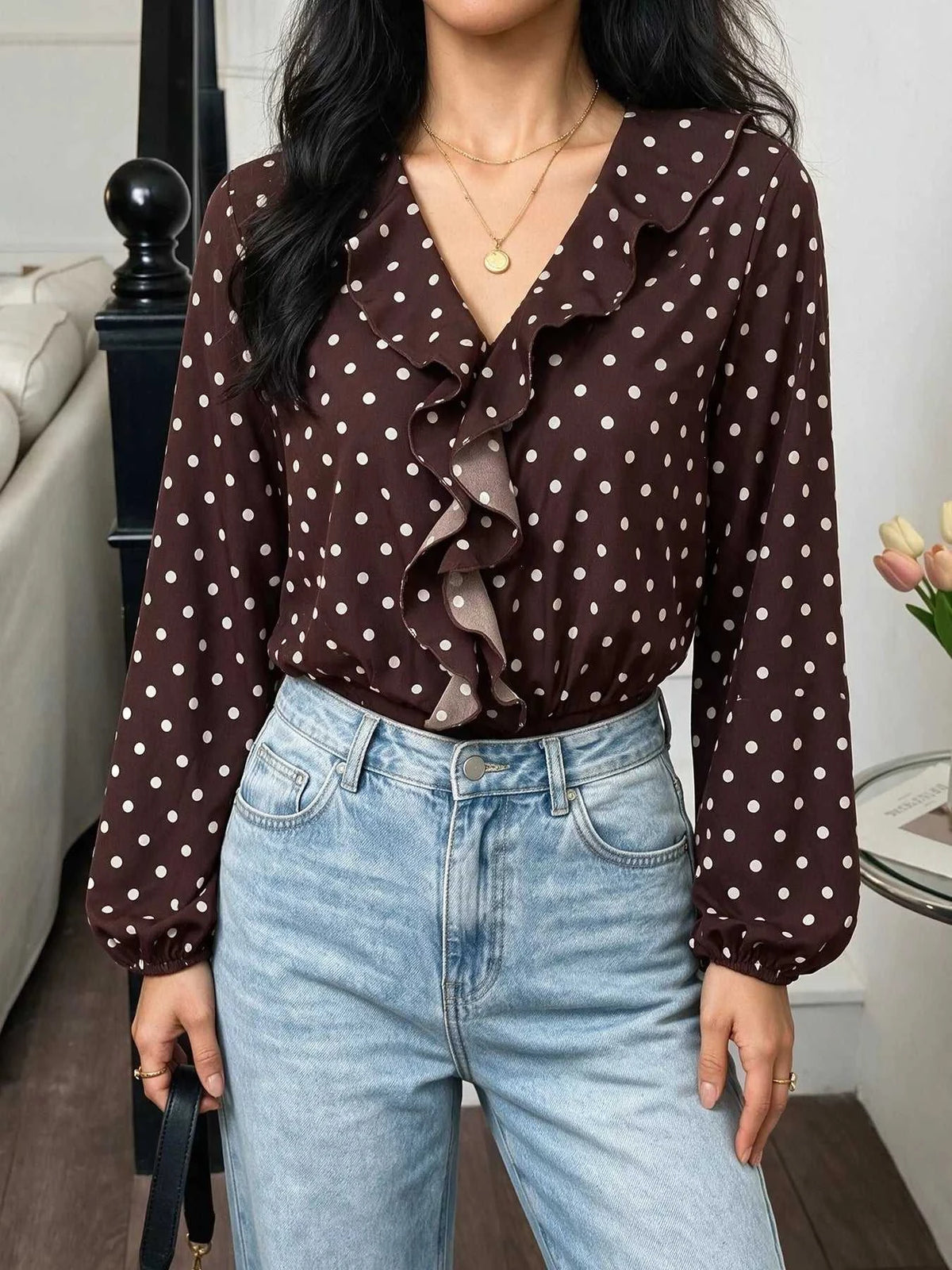 Polka Dot Ruffled V-Neck Bodysuit 101001651705391 32 Affordable Fashion Under $100 Jerry's Apparel 
