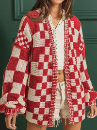 Checkered Open Front Long Sleeve Cardigan