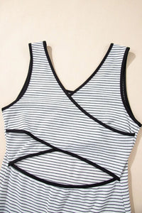 Stripe Crisscross Side Slits Slim Fit Sleeveless Midi Dress