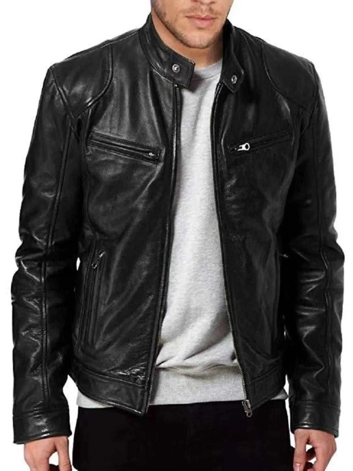 Men's Full Size Leather Biker Jacket with Zipper Pockets Plus Size 100400980565506 68 Affordable Fashion Under $100 Jerry's Apparel 