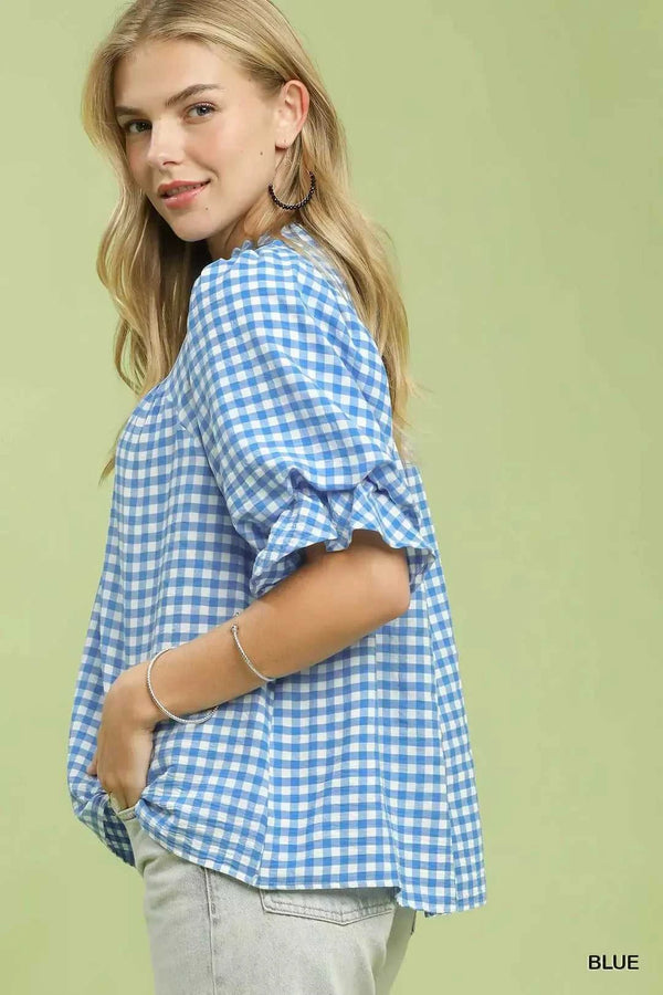 Umgee Gingham Check Blouse with Ruffle Sleeves 100100880841816 47 Affordable Fashion Under $100 Jerry's Apparel 
