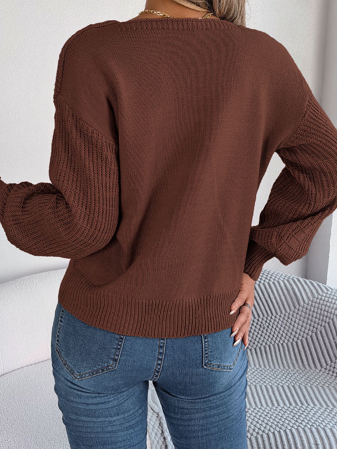 Square Neck Mixed Knit Sweater