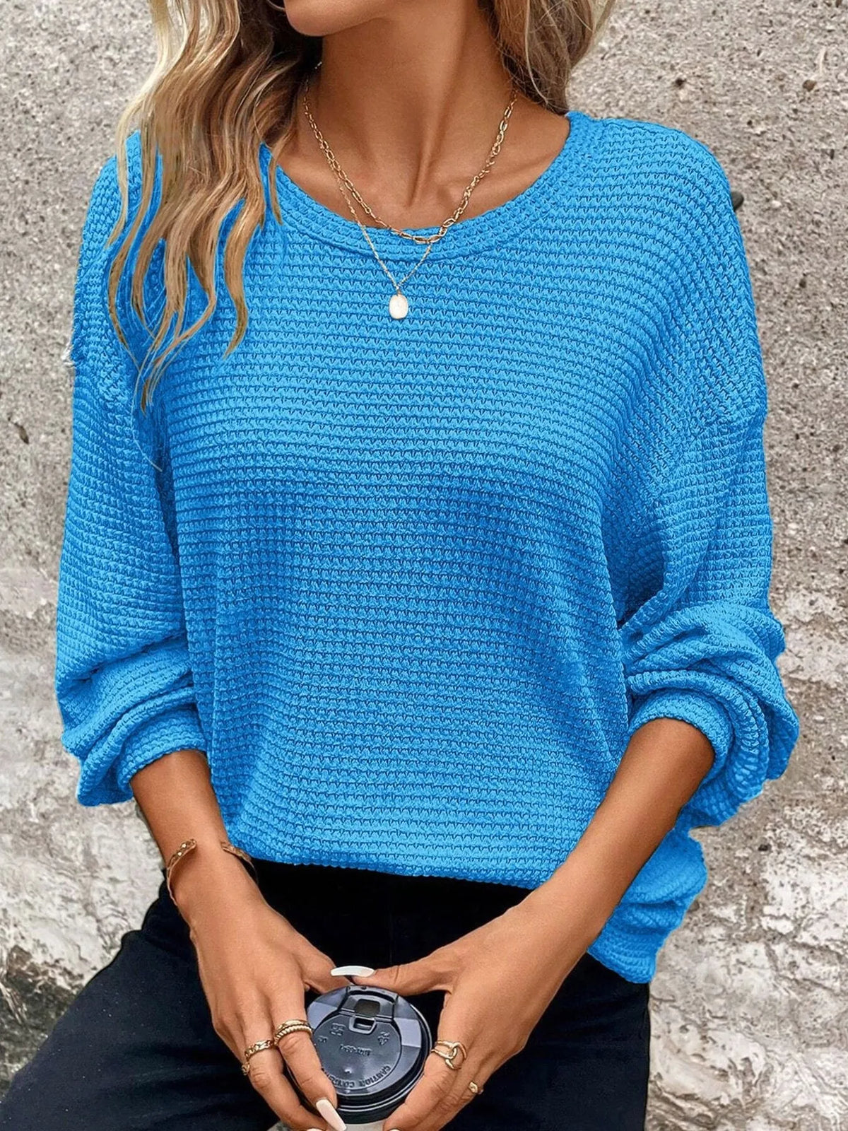 Plus Size Relaxed Fit Waffle Knit Round Neck T-Shirt