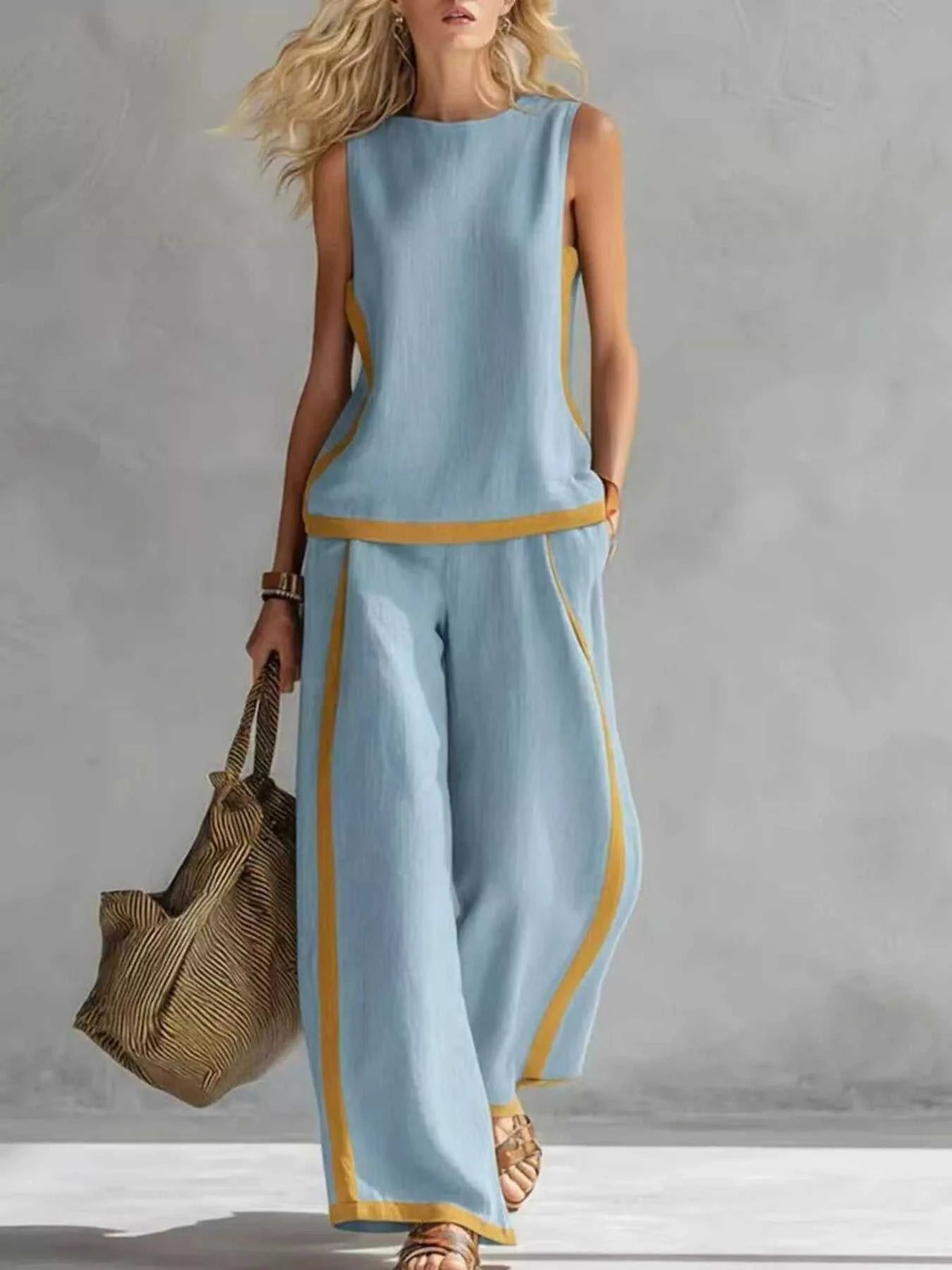 Full Size Contrast Stripe Sleeveless Top & Wide-Leg Pants Set Plus Size 100100980906866 35 Affordable Fashion Under $100 Jerry's Apparel 
