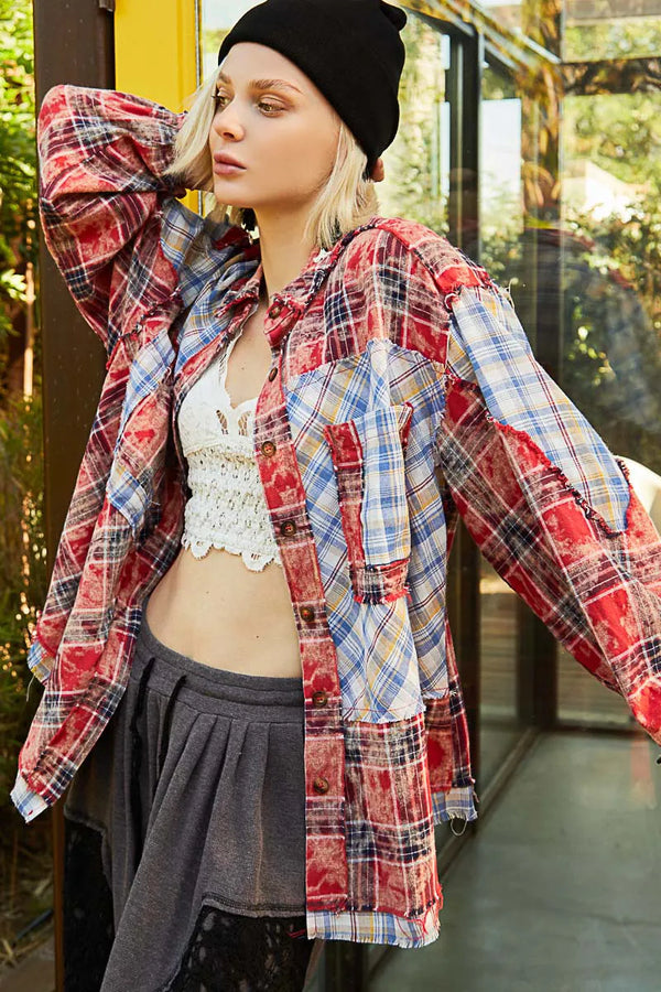 POL Plaid Patchwork Long Sleeve Shirt with Raw Edge Detail