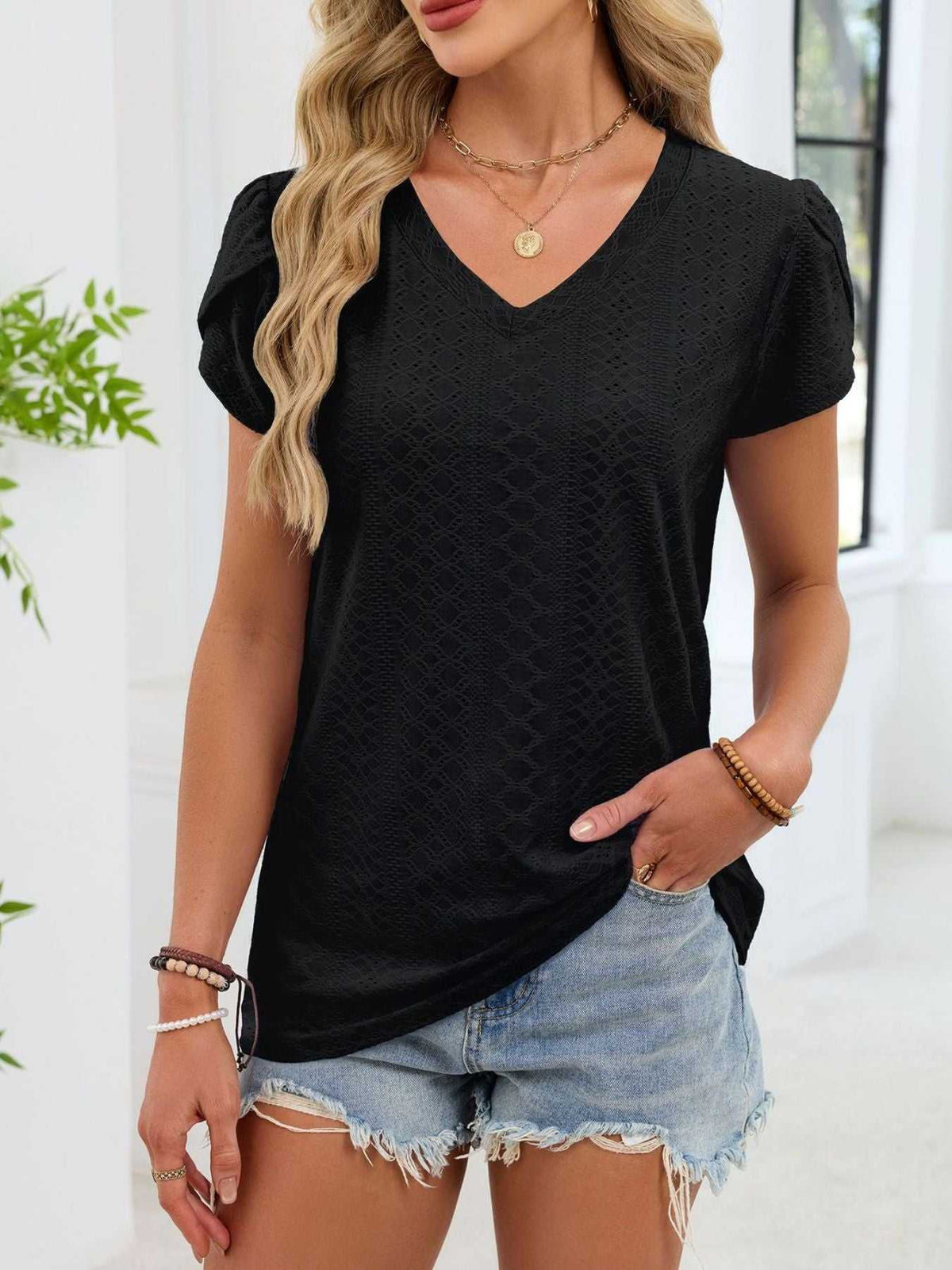 Eyelet Petal Sleeve V-Neck T-Shirt 100100180821182 24 Affordable Fashion Under $100 Jerry's Apparel 