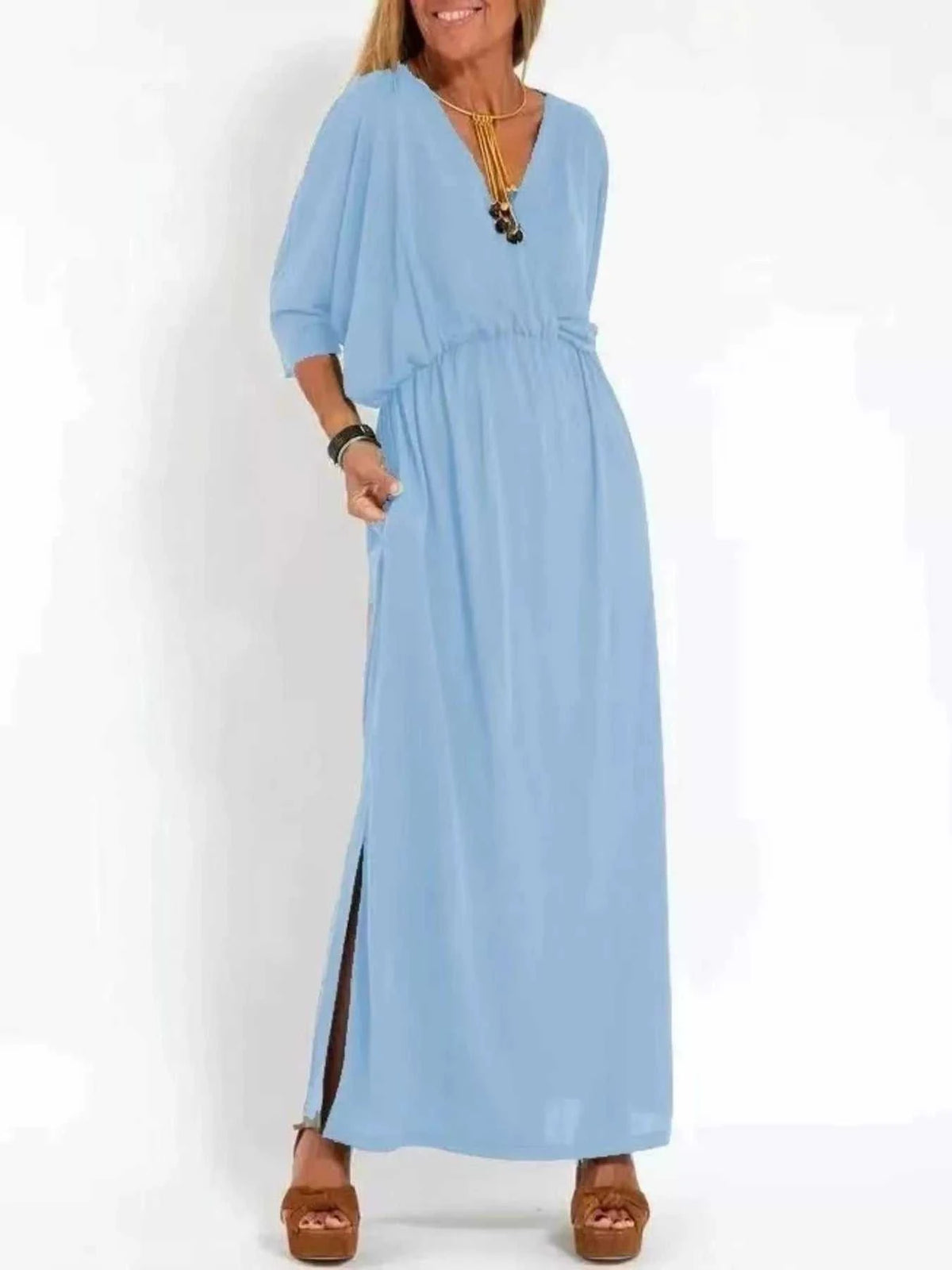 Full Size V-Neck Batwing Sleeve Maxi Dress with Side Slits Plus Size 100100963539918 27 Affordable Fashion Under $100 Jerry's Apparel 