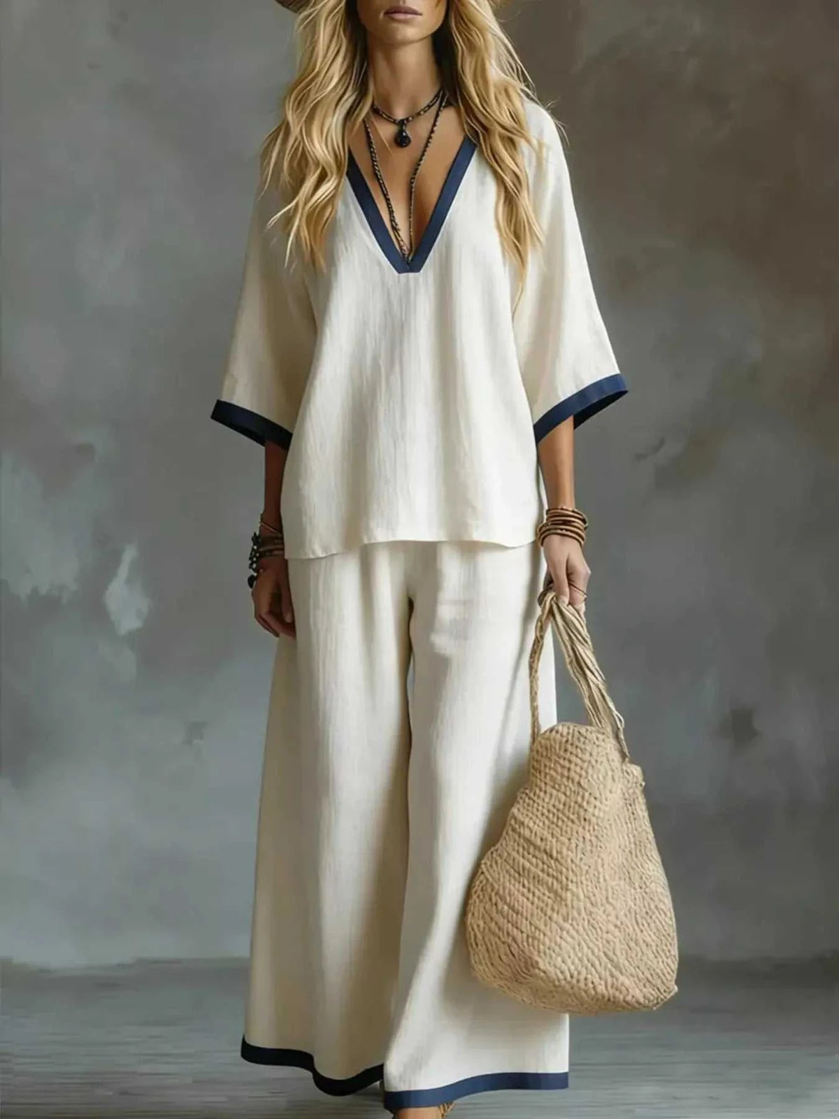 Full Size Contrast Trim V-Neck Top and Pants Set Plus Size 101001935032552 40 Affordable Fashion Under $100 Jerry's Apparel 