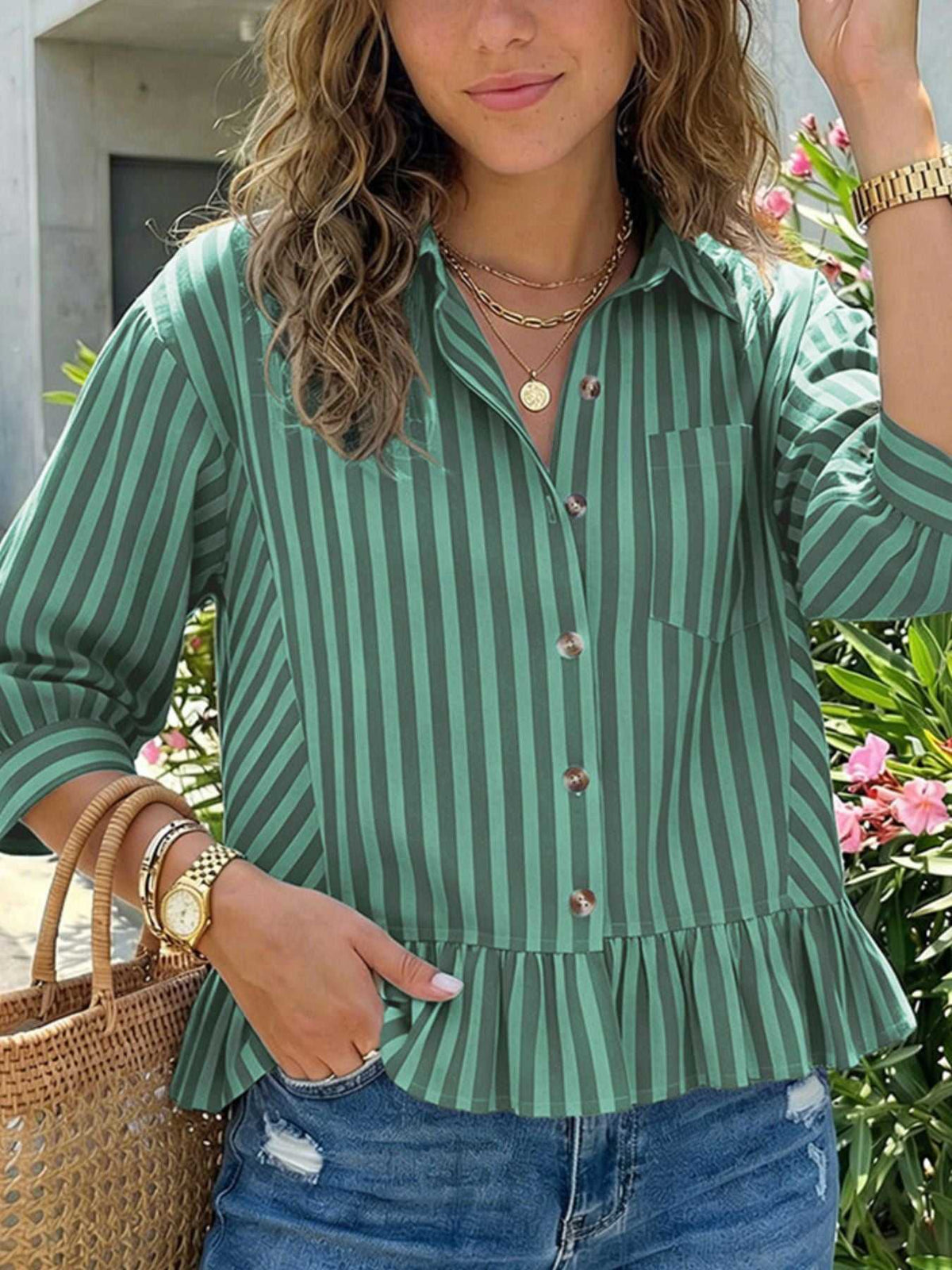 Striped Ruffle Hem Button-Down Shirt 100100634757459 44 Affordable Fashion Under $100 Jerry's Apparel 