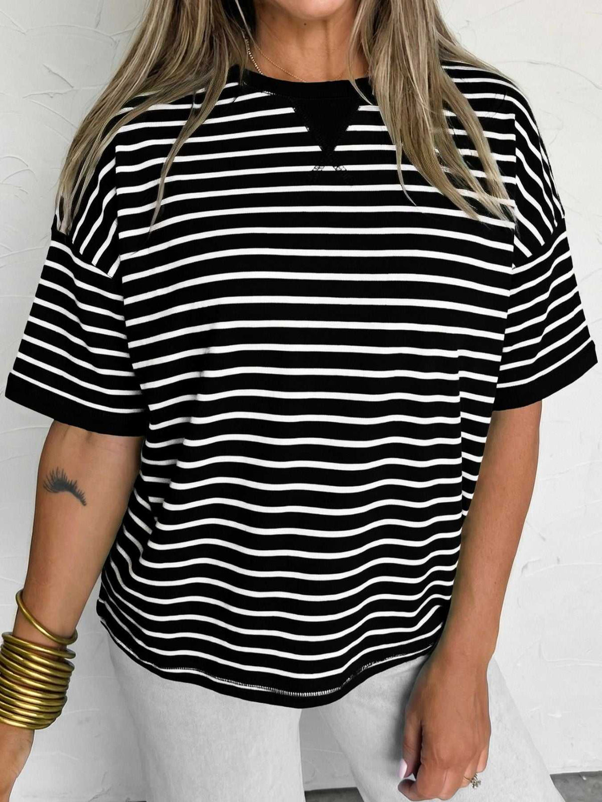 Stripe Ribbed Patchwork Seam Detail Half Sleeve Tee 100100030150756 29 Affordable Fashion Under $100 Jerry's Apparel 