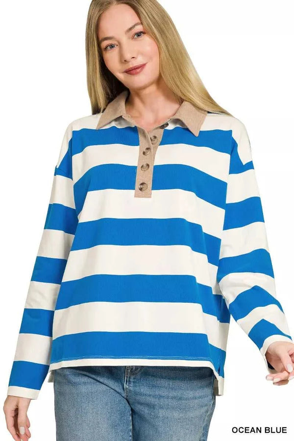 Zenana Striped Contrast Collar Polo Top 100100918481610 33 Affordable Fashion Under $100 Jerry's Apparel 