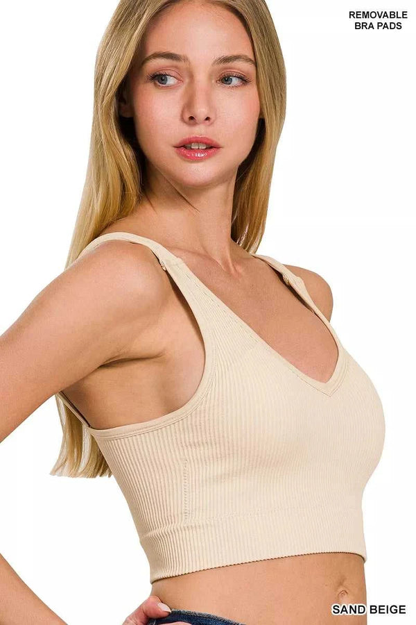Zenana Seamless Ribbed Cropped Bra Padded V-Neck Tank 100100648491271 20 Affordable Fashion Under $100 Jerry's Apparel 