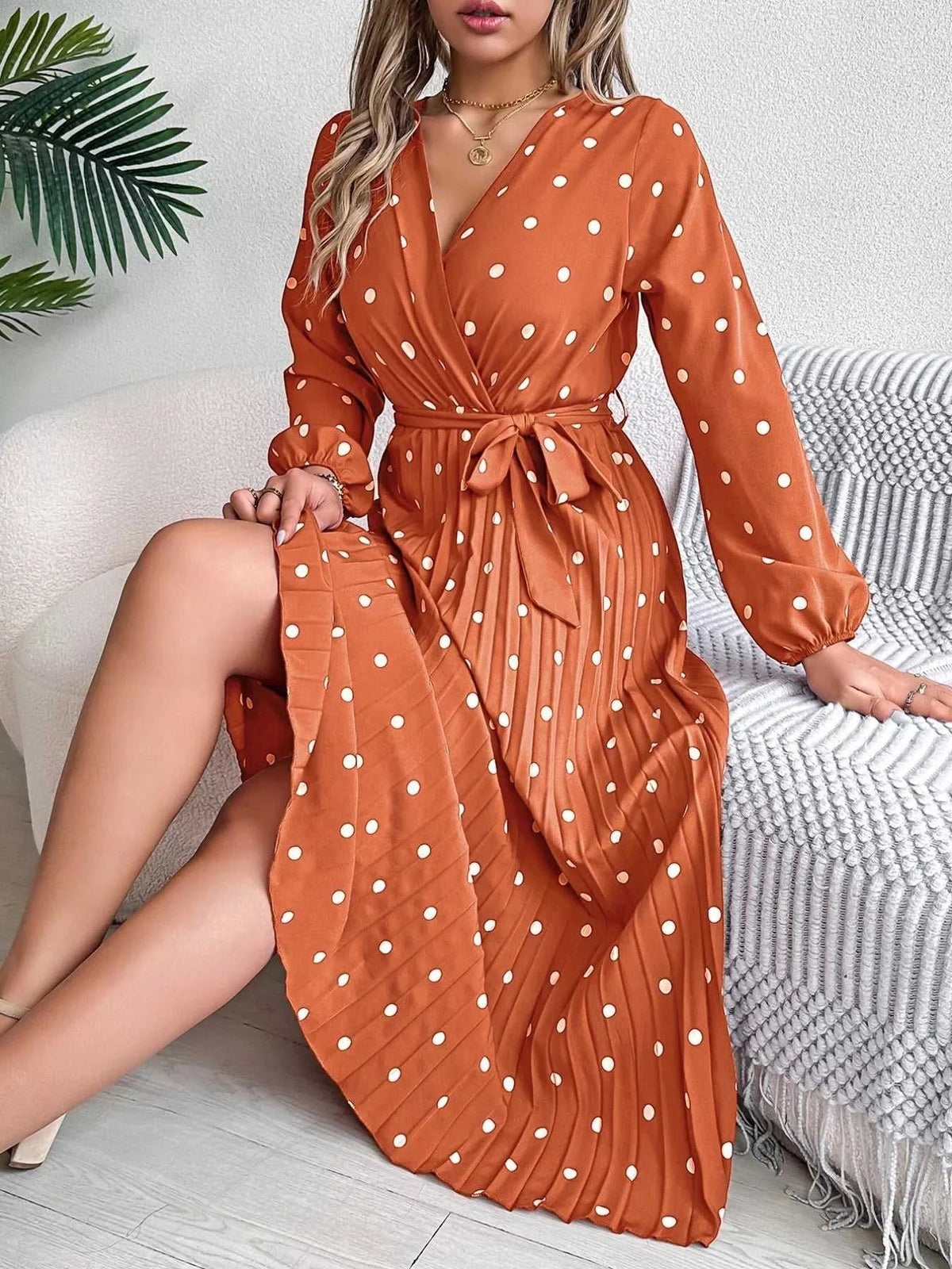 Front Tie Polka Dot Midi Pleated Dress 100100612892124 36 Gifts for Her Jerry's Apparel 