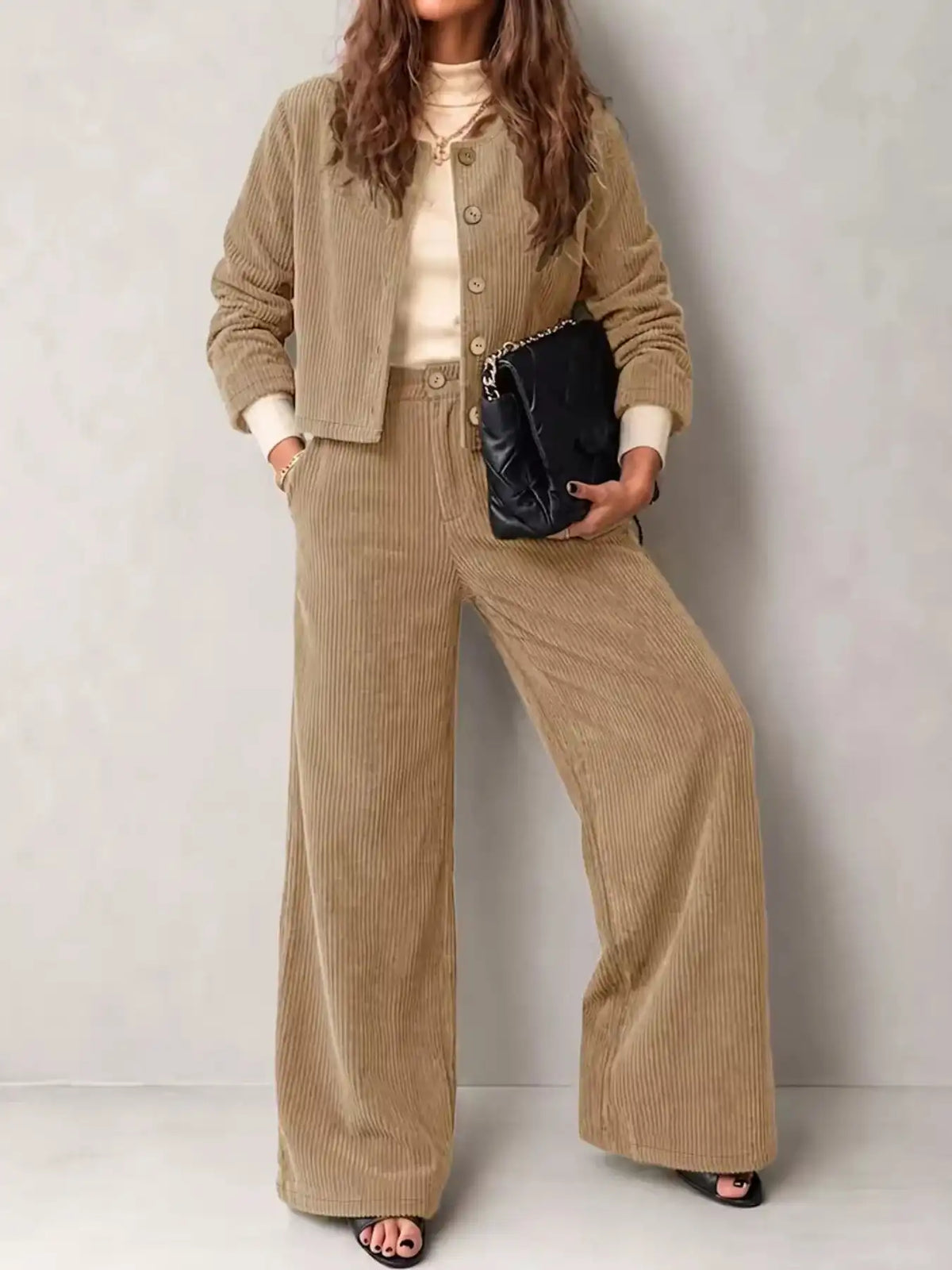 Full Size Corduroy Button-Down Jacket and Wide-Leg Pants Two-Piece Set Plus Size 101001217256067 73 Women's Pants Set Gifts for Her Jerry's Apparel 