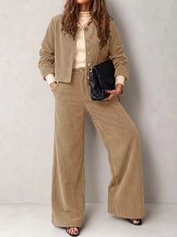 Full Size Corduroy Button-Down Jacket and Wide-Leg Pants Two-Piece Set Plus Size 101001217256067 73 Women's Pants Set Gifts for Her Jerry's Apparel 