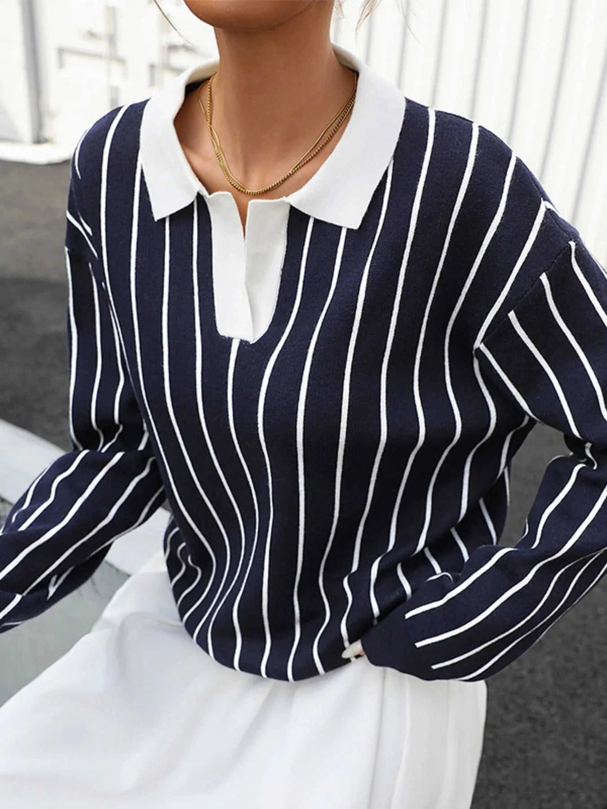 Stripe Contrast Collar Long Sleeve Knit Top 100100552981429 50 Affordable Fashion Under $100 Jerry's Apparel 