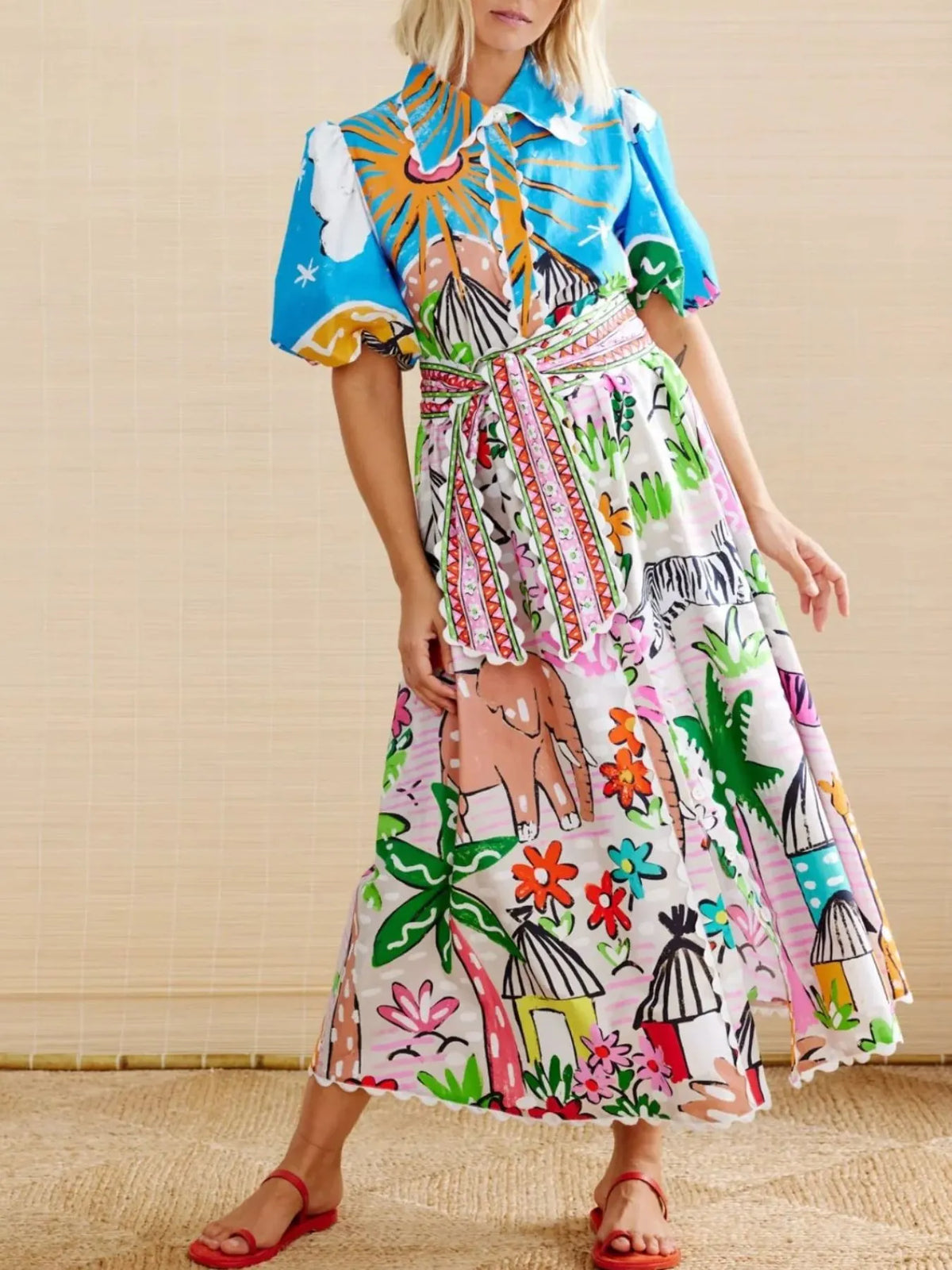 Button Down Tropical Short Sleeve Shirt Dress