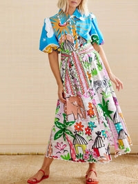 Button Down Tropical Short Sleeve Shirt Dress