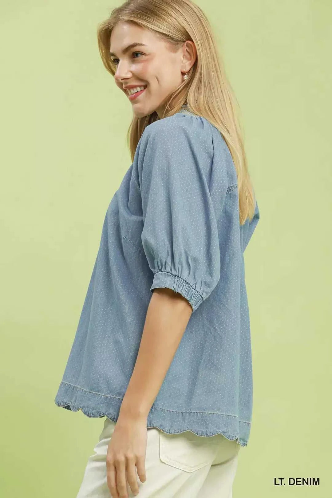 Umgee Textured Puff Sleeve Scallop Hem Blouse 100100035011560 53 Affordable Fashion Under $100 Jerry's Apparel 