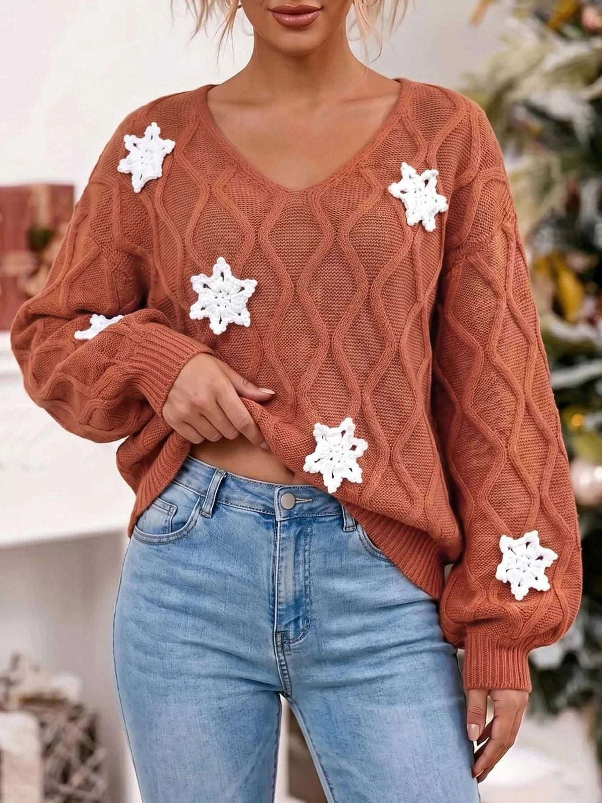 Snowflake Textured V-Neck Sweater 101002212171336 40 Affordable Fashion Under $100 Jerry's Apparel 