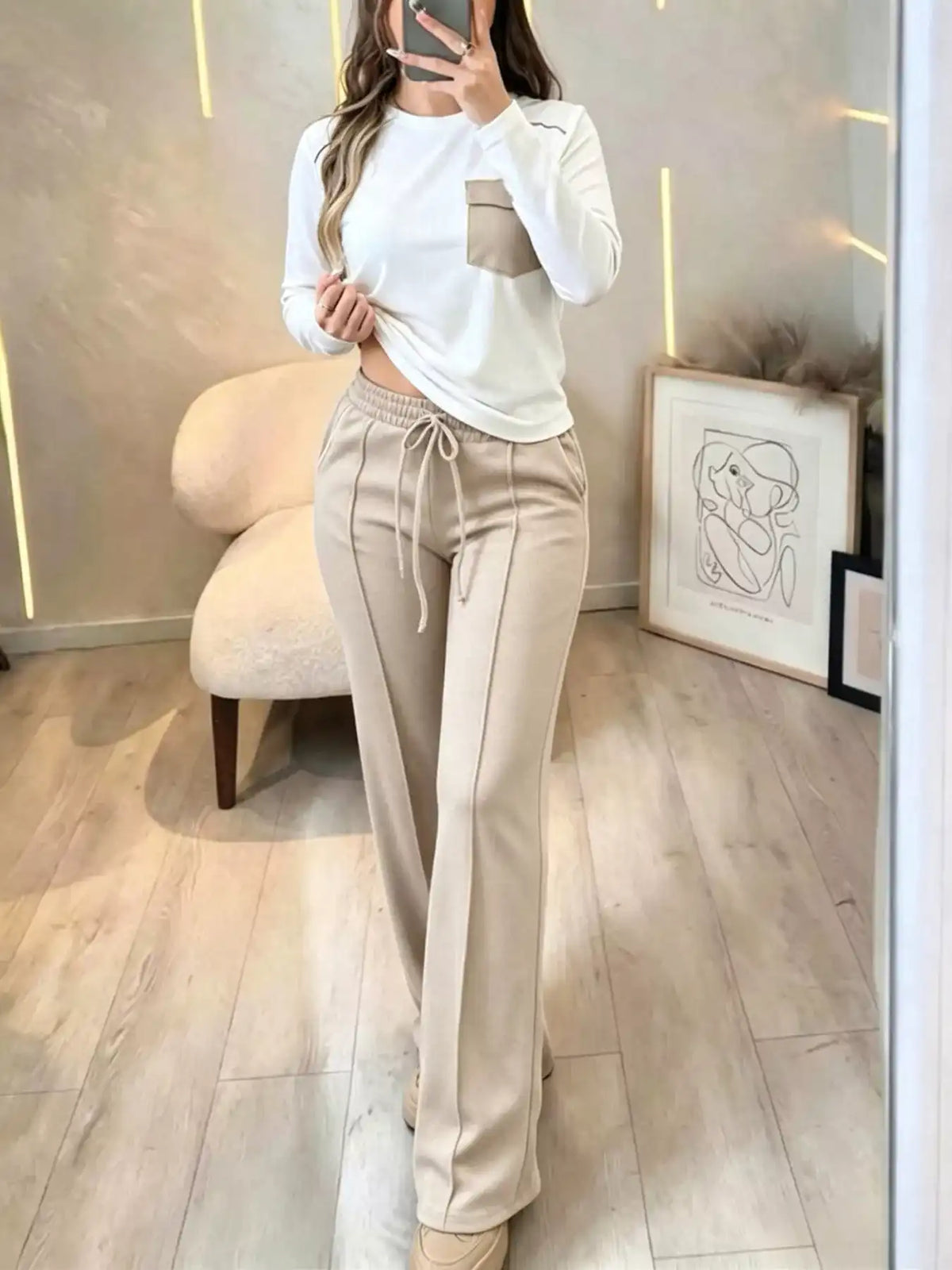 Long Sleeve Pocket Top and Wide-Leg Drawstring Pants Set 101001460183522 63 Affordable Fashion Under $100 Jerry's Apparel 