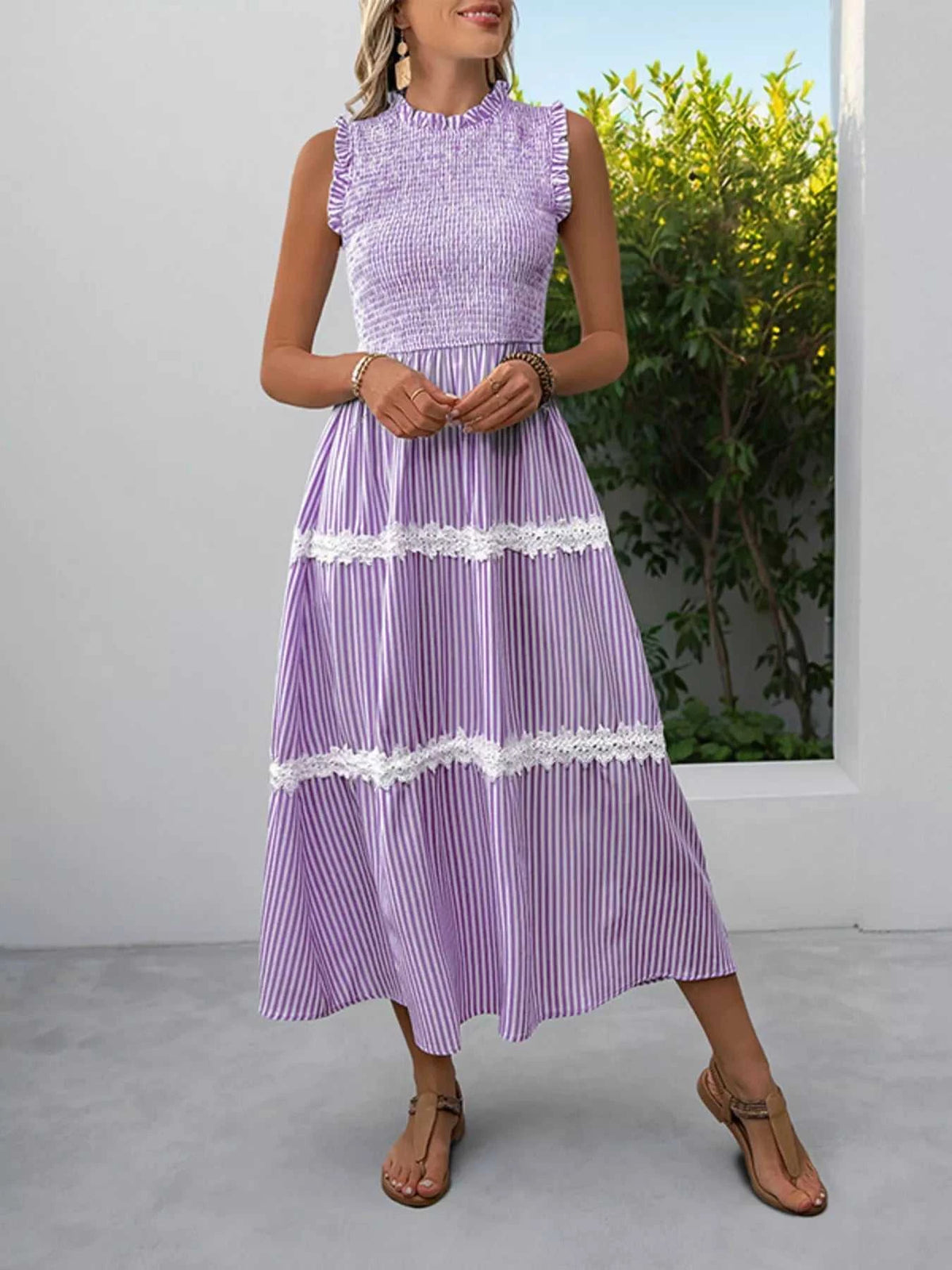 Smocked Striped Lace Trim Sleeveless Midi Dress 100100337606296 49 Affordable Fashion Under $100 Jerry's Apparel 