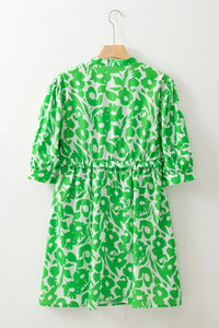 Printed Puff Half Sleeve V Neck Babydoll Dress