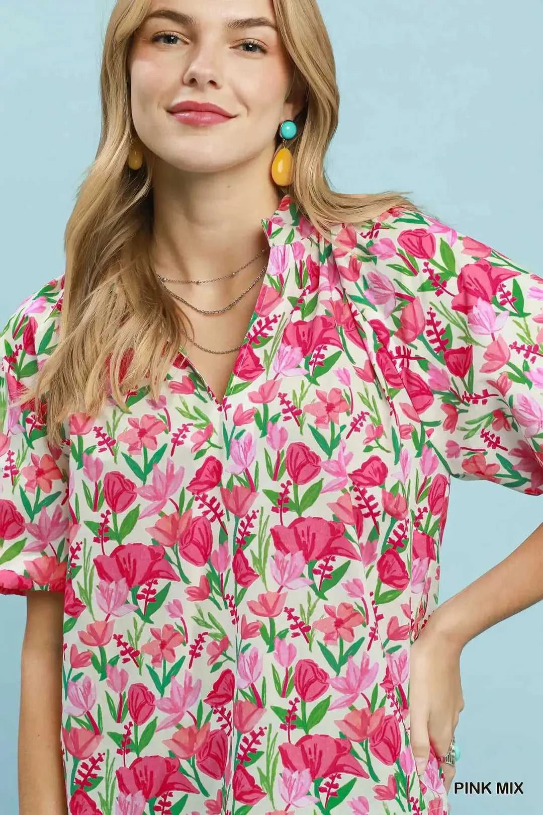 Umgee Floral Puff Sleeve Blouse with Scalloped Details 100100563671184 53 Affordable Fashion Under $100 Jerry's Apparel 