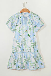 Floral Contrast Edge Layered Short Sleeve Mini Dress