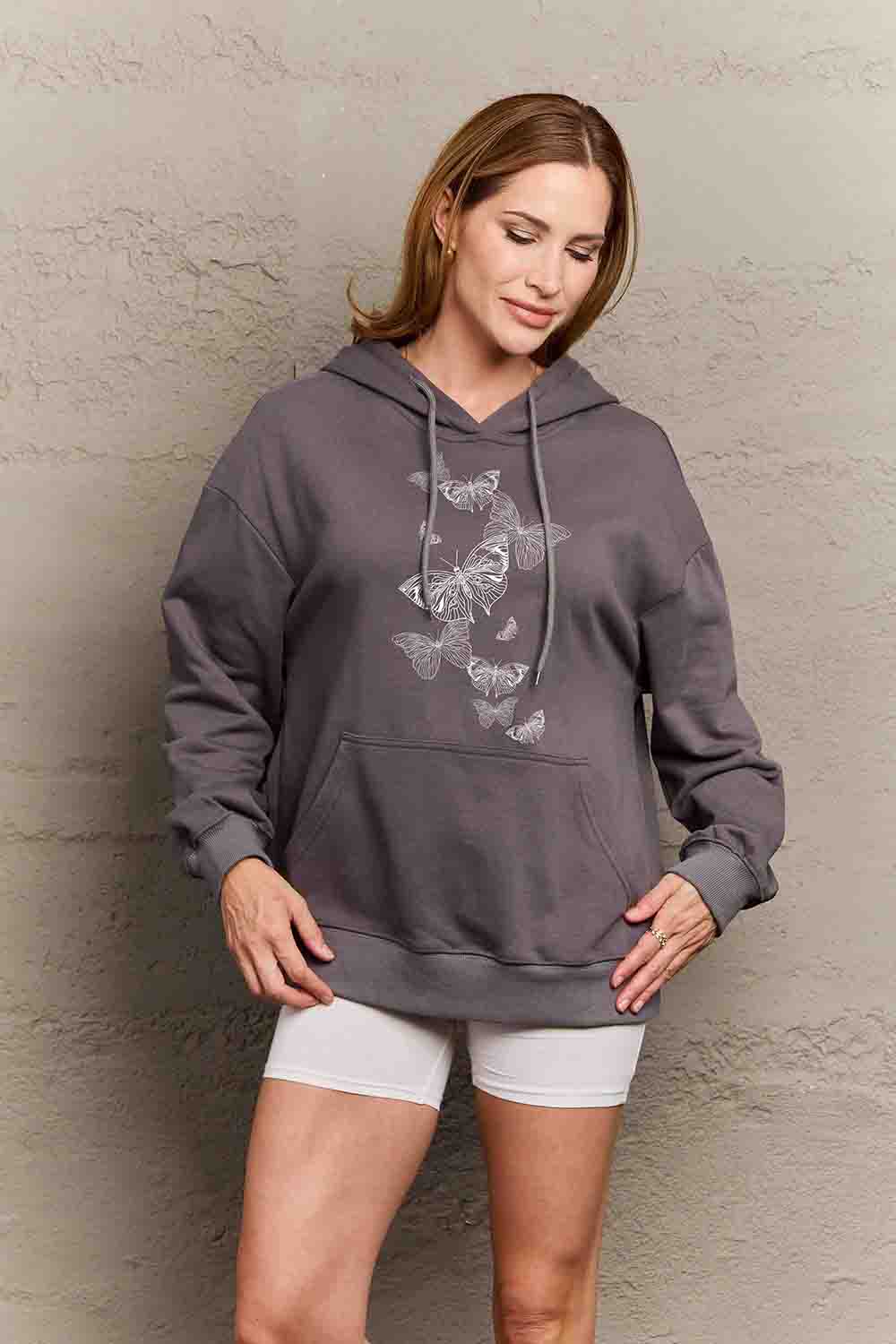 Full Size Dropped Shoulder Butterfly Graphic Hoodie