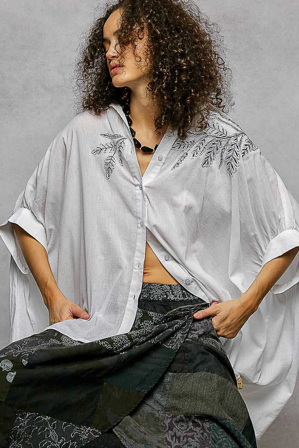 POL Button Down Embroidered Floral High-Low Hem Shirt 100100387921484 45 Affordable Fashion Under $100 Jerry's Apparel 