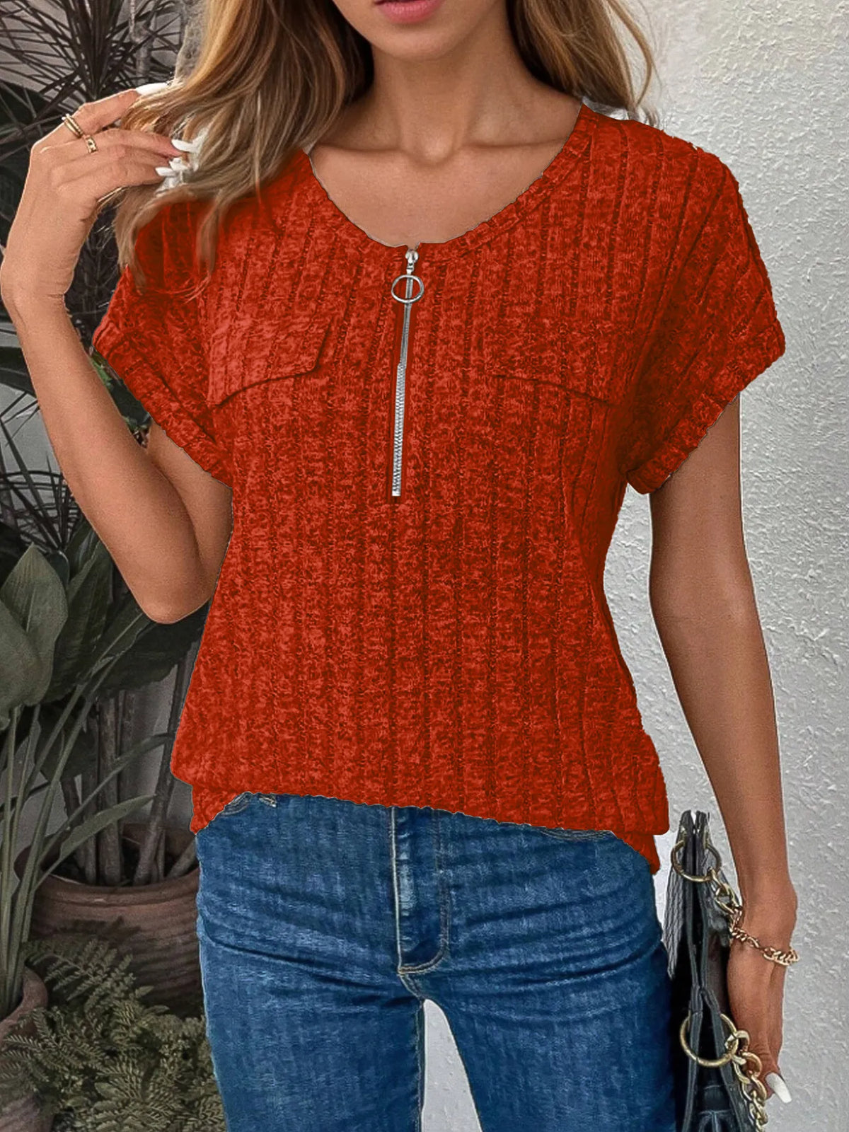 Zip-Front Short Sleeve T-Shirt