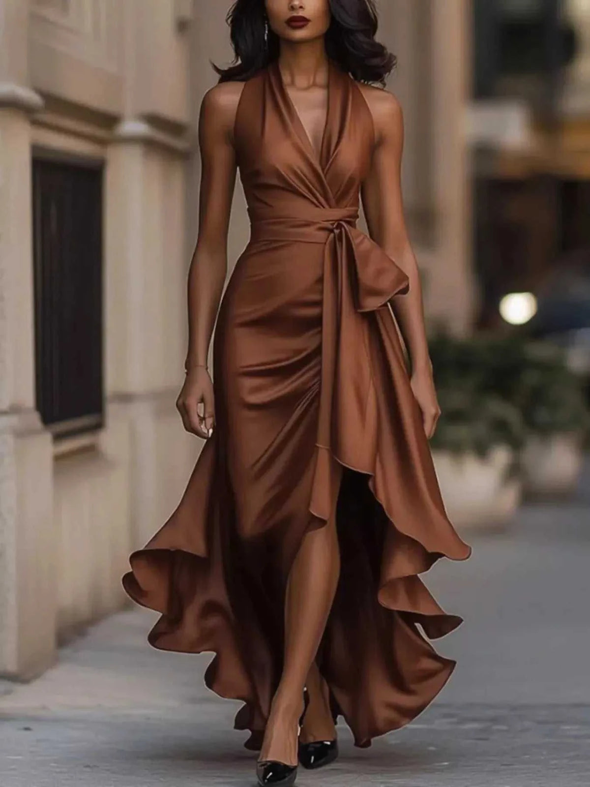 Full Size High-Low Ruffled Satin Maxi Dress Plus Size 100100053477066 42 Seasonal Fashion Collections Jerry's Apparel 