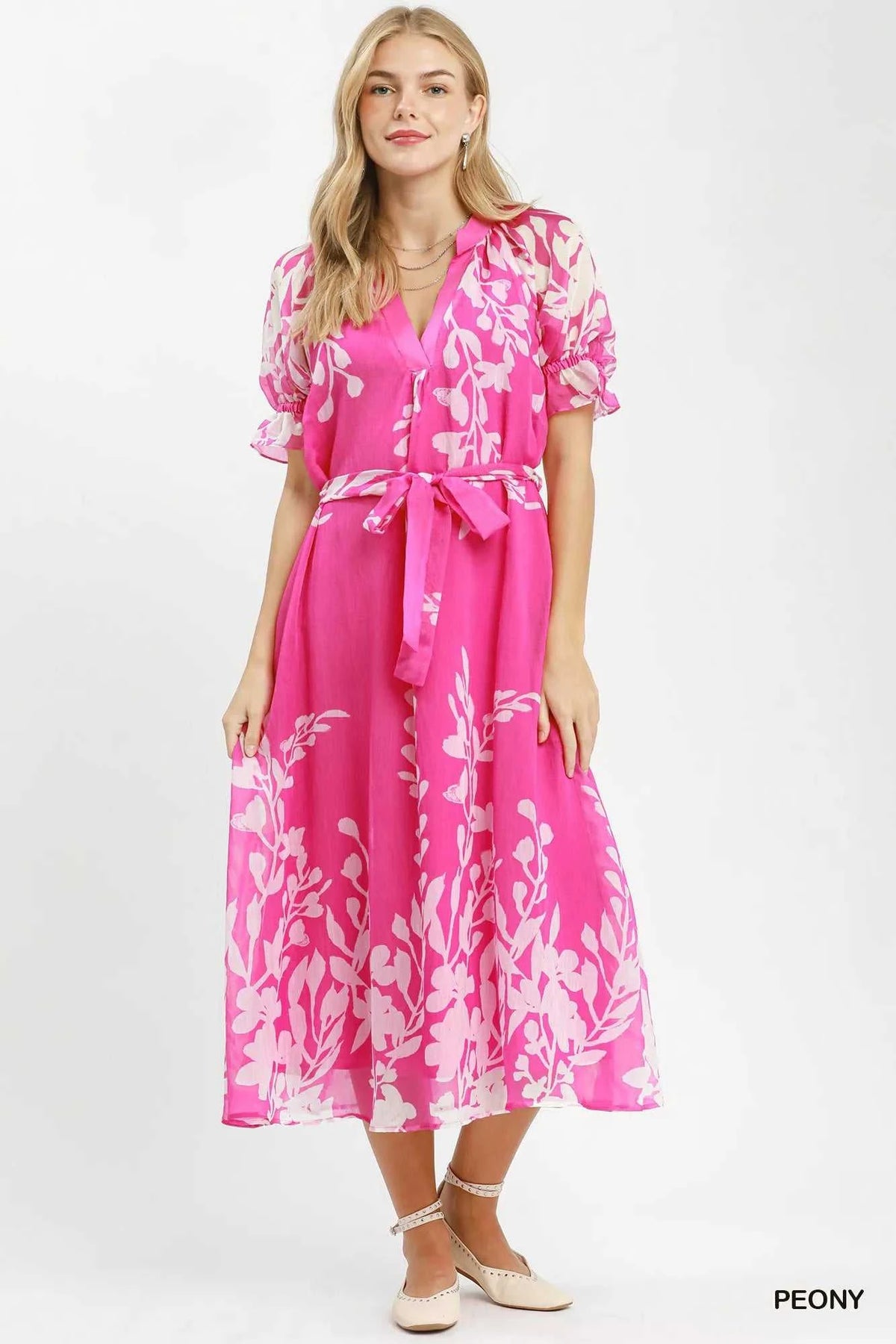 Umgee Floral Print Tie Waist Midi Dress with Side Pockets 100100836221705 66 Affordable Fashion Under $100 Jerry's Apparel 