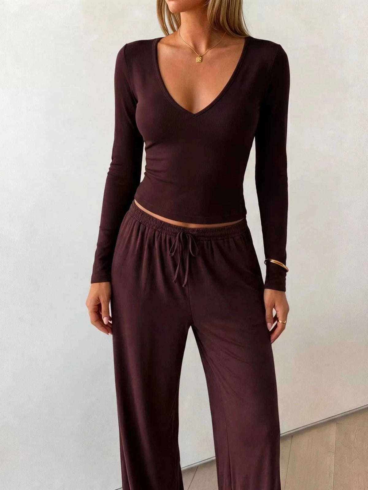 V-Neck Long Sleeve Top and Wide-Leg Pants Set 100100743946757 36 Affordable Fashion Under $100 Jerry's Apparel 