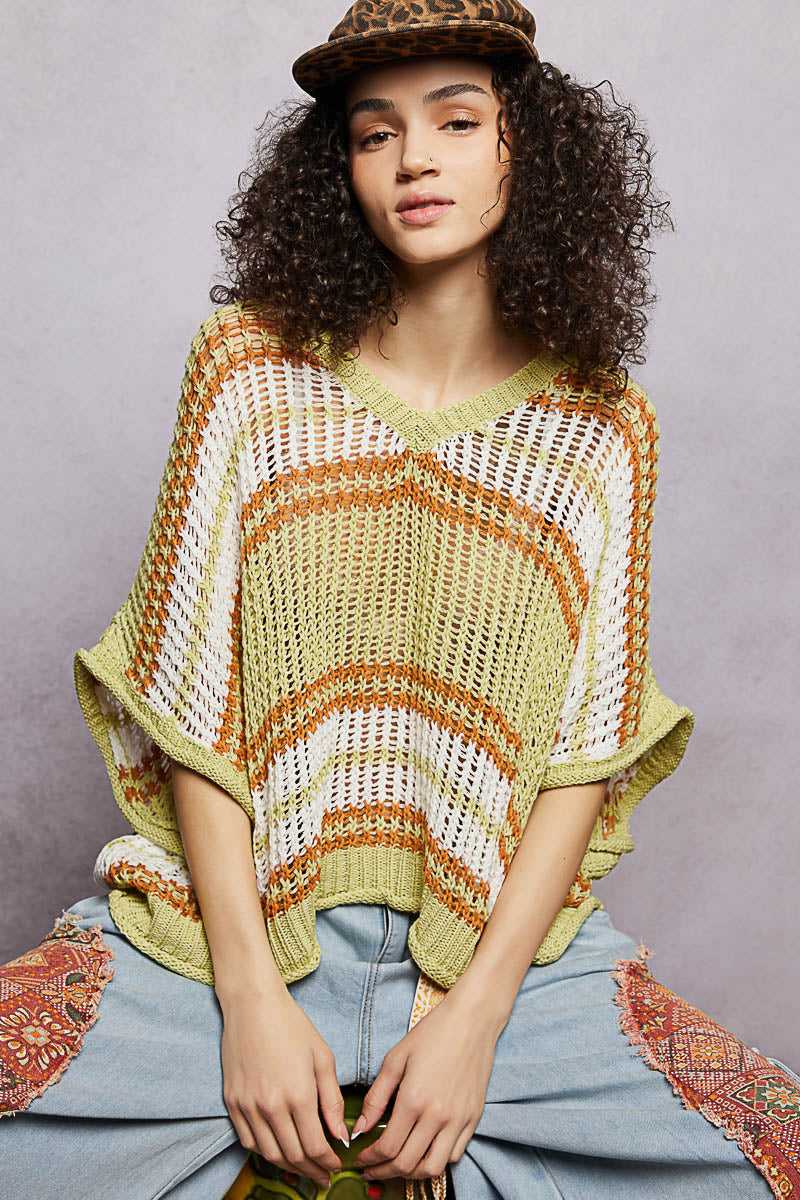 POL Openwork Lightweight Striped V-Neck Knit Top 100100195051642 59 Affordable Fashion Under $100 Jerry's Apparel 