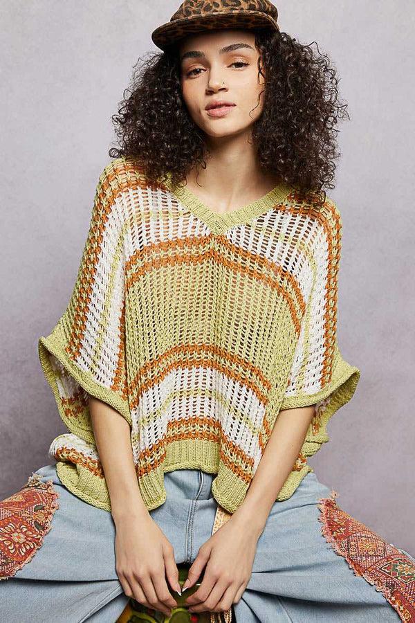 POL Openwork Lightweight Striped V-Neck Knit Top 100100195051642 59 Affordable Fashion Under $100 Jerry's Apparel 