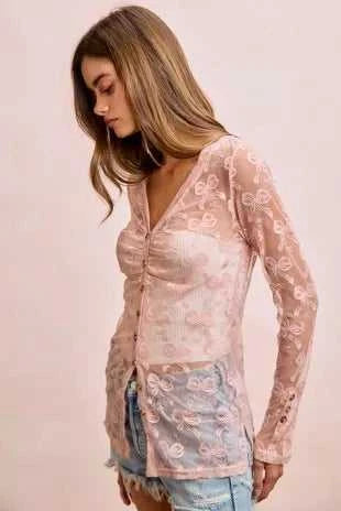 BiBi Bow Pattern Shrried V-neck Mesh Cardigan Top 100100638301325 44 Affordable Fashion Under $100 Jerry's Apparel 