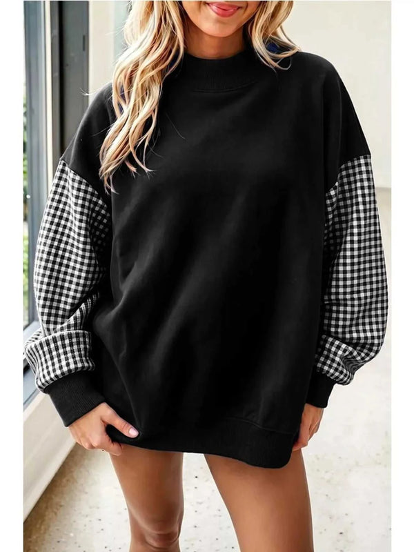 Gingham Sleeves Round Neck Sweatshirt 101001400609518 61 Affordable Fashion Under $100 Jerry's Apparel 
